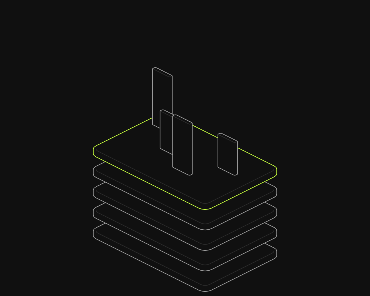 The layer: a stack of plates, one for each decision kept, the newest lit, with the decisions standing on top